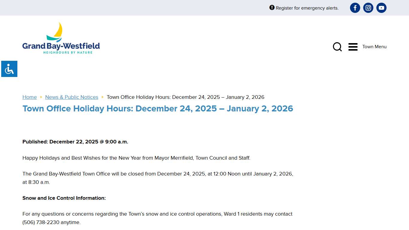 Town Office Holiday Hours: December 24, 2025 - January 2, 2026 - Grand Bay-Westfield